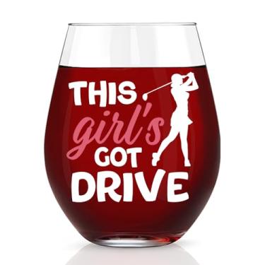Imagem de WUUCKOO Taça de vinho engraçada sem haste This Girl's Got Drive, presente de golfe para mamãe vovó, acessórios de golfe para mulheres, presente de aniversário para irmã tia, presente de Natal de dia