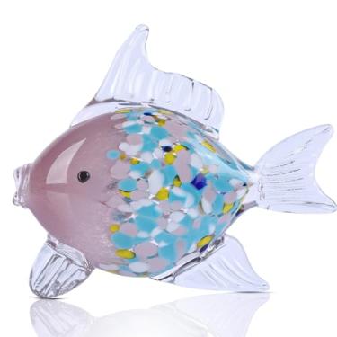 Imagem de LINYTHER Estatueta de peixe grande de vidro para decoração de casa, arte soprada à mão, estátua de animal oceano, escultura decorativa temática costeira e praia para mesa, prateleira, banheiro, sala