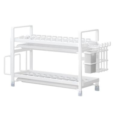 Imagem de BSNANCA Escorredor de louça de 2 níveis, escorredor de pratos de aço inoxidável para balcão de cozinha, escorredores de pratos de cozinha com dreno, suporte de utensílios e suporte de tábua de corte