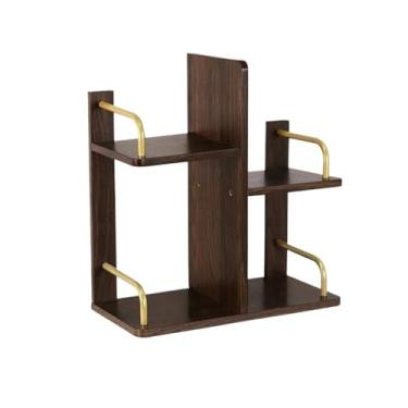 Imagem de Estante de mesa com quadro artificial de nogueira preta, com organizador de armazenamento de tubos de ferro dourado, prateleira de exibição de material de escritório de estudo, suporte de impressora