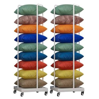 Imagem de Carrinho de armazenamento de travesseiro de metal com rodas para economia de espaço - Suporte organizador de almofada para varejo e têxteis domésticos - Conjunto de 2, design quadrado móvel para fácil
