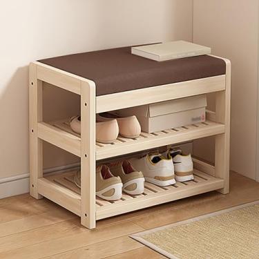 Imagem de Banco de sapateira de madeira com almofada - Banco de armazenamento que economiza espaço para entrada, corredor, dormitórios e aluguéis - Organizador de sapatos elegante de 71 cm para espaços pequenos