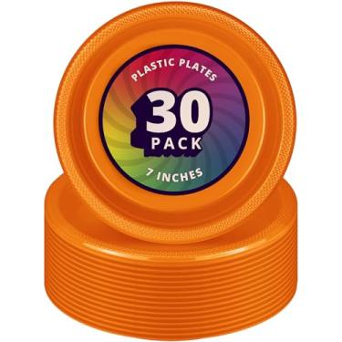 Imagem de DecorRack 30 pratos pequenos de plástico, artigos de festa descartáveis resistentes de 18 cm para aniversário, pratos de sobremesa de bolo, utensílios de mesa de férias, laranja (pacote com 30)