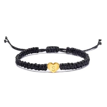 Imagem de BlingNuts Pulseiras com inicial para mulheres, melhor amiga, aniversário, formatura, letra A-Z, cordão de coração, pulseira trançada feita à mão, joia minimalista, F, Aço inoxidável, Sem Pedra