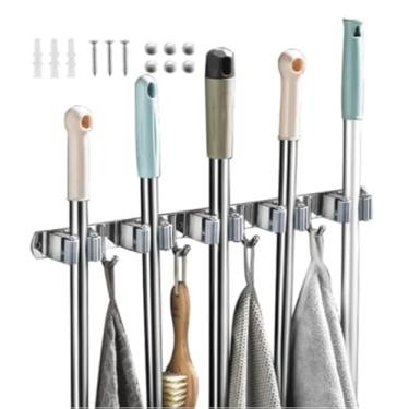 Imagem de Suporte de Vassouras de Parede em Aço Inoxidável – Organizador com 9 Ganchos para Vassouras, Rodos e Utensílios – Instalação com Adesivo ou Parafuso – Design Robusto e Durável