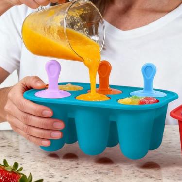 Imagem de Molde de picolé de 6 cavidades com bandeja de liberação fácil e alças sem gotejamento, conjunto de moldes reutilizáveis para freezer para petiscos congelados caseiros (azul)
