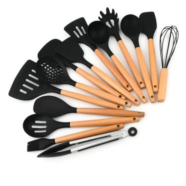Imagem de Kit 12 Utensílios de Cozinha em Silicone Premium com Cabo de Madeira Resistente ao Calor, Antiaderente, Seguro para Panelas, Colher, Espátula, Batedor e Concha Preto