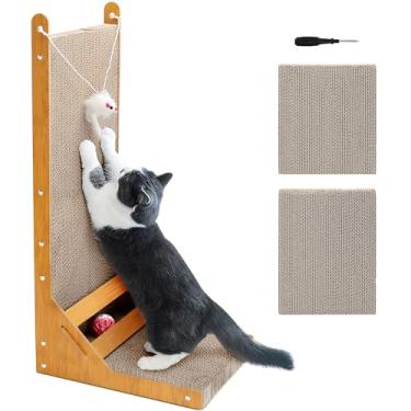 Imagem de Poste arranhador para gatos de 61 cm, arranhador de papelão em forma de L, almofada de arranhar de parede vertical para gatos internos com 2 cartões recarregáveis para gatos pequenos e médios