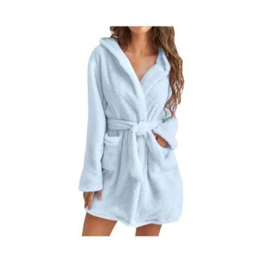 Imagem de Robe De Fleece Com Capuz Em Cor Sólida Para Mulheres Com Cinto, Pijama