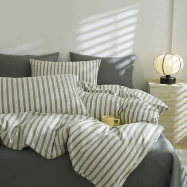 Imagem de Conjunto completo de 3 peças de capa de edredom listrada, 100% algodão, estampa de listras brancas e cinza, conjunto de cama listrado, macio, respirável, capa de edredom com 2 fronhas para todas as