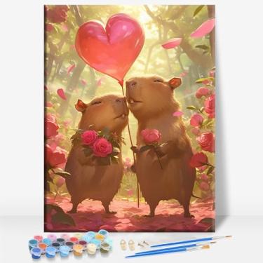 Imagem de HUINORYA Linda capivara casal capivara tela emoldurada DIY kit de pintura por números bar café caverna sala de casa parede banheiro varanda pátio decoração presente, 40,6 x 30,5 cm