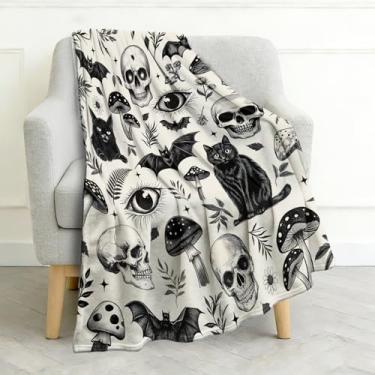 Imagem de Cobertor gótico de caveira gato morcego cogumelo presentes para crianças, meninos, filhos, Halloween, aniversário, Natal, esqueleto, terror, presentes escuros, casa, quarto, decoração de quarto