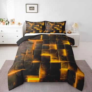 Imagem de Jogo de cama casal laranja preto brilhante búfalo 3D moderno, arte abstrata, geométrico, xadrez, gradiente, futurista, cubos, edredom (preto reversível)