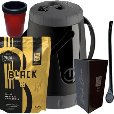 Imagem de Kit Para Tereré Garrafa Lisa Black Erva Mate 500g Copo Cuia Quadrado Acrílico Bomba Clássica Preta (MENTA PARAGUAIA)