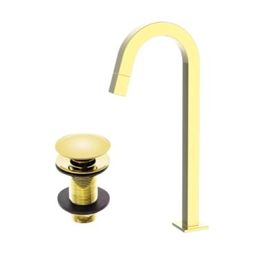 Imagem de Kit Torneira bica alta Lavatório Banheiro Lavabo Quadrada 1/4v + Válvula click pop up 7/8 Dourada Gold Premium PMX