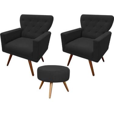 Imagem de Kit 2 Poltronas Decorativa Aurora + 1 Puff Redondo Suede Preto Pés Mad