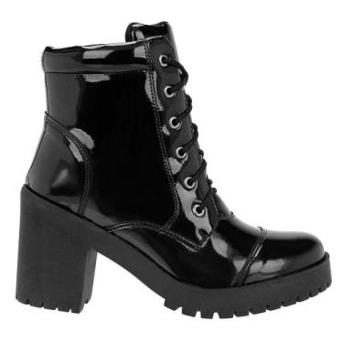 Imagem de Bota Coturno Feminina Salto Alto Cadarço Verniz Casual - HYPE, Preto, 