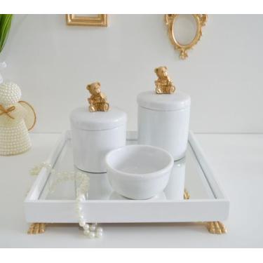 Imagem de Kit Higiene K049 Bandeja MDF Porcelanas Apliques Dourado Quarto Bebê -