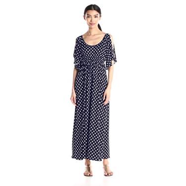 Imagem de Star Vixen Maxidress feminino tamanho único fenda manga esvoaçante com cordão império cintura, Ponto branco marinho, P