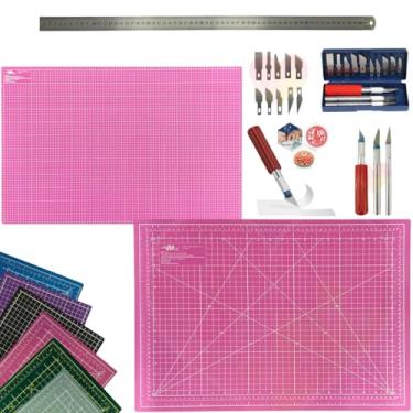 Imagem de Base Para Cortes 60x45 Dupla Face Autocura Multiuso Artesanato Patchwork Scrapbook Kit Estilete de Precisão 13pcs Regua 60cm (Rosa)