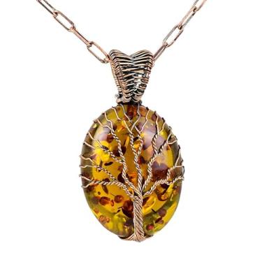 Imagem de Copperie Colar com pingente de pedra preciosa artesanal embrulhado à mão com árvore da vida, Gema, Âmbar