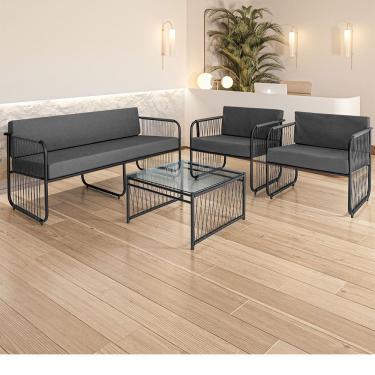 Imagem de Conjunto 2 Poltronas 1 Namoradeira e 1 Mesa de Centro Córdova em Aço Carbono e Fibra Sintética Acesse Móveis