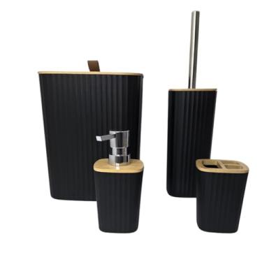 Imagem de Kit Banheiro Cozinha 4 Peças Luxo Bambu Cor Preto Quadrado