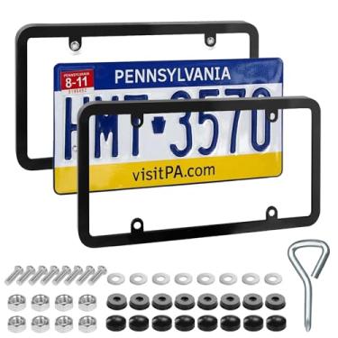 Imagem de Moldura de placa, protetor de placa de licença preto com kit de tampa de parafuso, suporte universal de alumínio à prova de intempéries para placa de licença inquebrável, acessórios de carro para