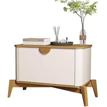 Imagem de Mesa de Cabeceira Buriti com 1 Porta e Pés de Madeira Maciça JB Bechara Cor Off White Nature