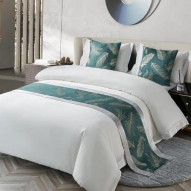 Imagem de Cachecol de cama de hotel macio que não desbota toalha de cama acolchoada jacquard proteção de cama moderna padrão de penas decoração para cama de solteiro queen king size - verde | casal/casal 50 x