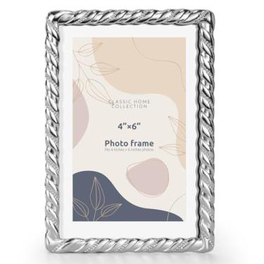 Imagem de FIHOO Porta-retrato de 10 x 15 cm com design de moldura de metal estilo vintage com suporte antigo de vidro de alta definição para mesa (corda prata-espiral)