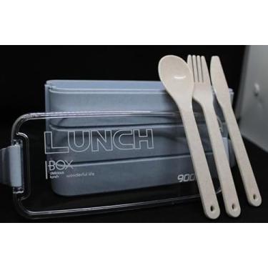 Imagem de Pote Marmita/Lancheira Japonesa com 3 Compartimentos e Talheres 900ml (Azul)