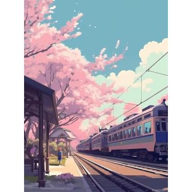 Imagem de PUAGEMTI Pintura de diamante de cerejeira faça você mesmo, pintura de flor de cerejeira e metrô por números para iniciantes, kits de arte de diamante redondo completo para decoração de quarto e