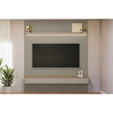 Imagem de Rack Bancada c/ Painel p/ TV até 85 Pol Modular 2.2 Ripado 2 Portas 1 Prat. 219x250cm Tauari/Gris Fosco - Linea Brasil
