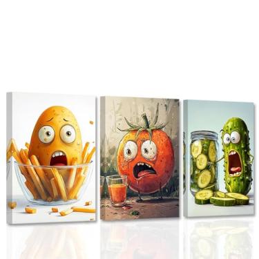 Imagem de CCWACPP Arte de parede de cozinha engraçada decoração de parede vegetal 3 peças imagens de batata tomate pepino impressões em tela de comida sala de jantar decoração de cozinha emoldurada (30 x 40 x 3