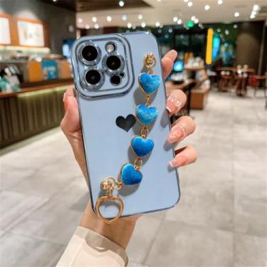 Imagem de Capa de telefone com pulseira de coração de amor macio para iPhone 11 12 13 14 15 Pro Max XS X XR 7 8 Plus SE 2020 2022 Capa de pára-choque de fiapos, azul celeste, para iPhone 7plus