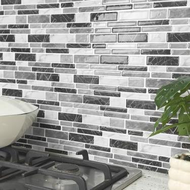 Imagem de Alwayspon Adesivo autoadesivo de azulejo de parede 3D para metrô de mármore, adesivo de parede 3D, adesivo à prova d'água para parede de banheiro, branco, cinza, preto