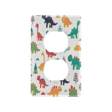 Imagem de Blueangle Placa de parede com tomadas duplex de dinossauros fofos, tamanho padrão, placas de cobertura de tomada elétrica de 1 gangue para decoração de quarto de escritório em casa, 4,53 x 2,76