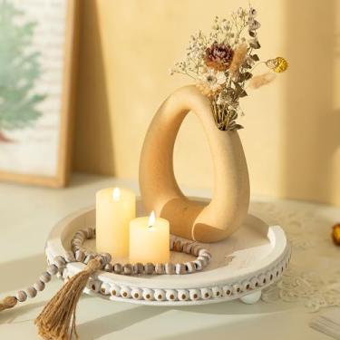 Imagem de Hanobe Bandeja decorativa para decoração de casa: bandejas redondas de mesa de café para sala de estar otomana 30,5 cm peça central de madeira rústica com contas para sala de jantar, balcão de cozinha