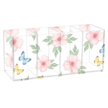 Imagem de Burbuja Porta-canetas de acrílico Flowers Butterflies com 4 compartimentos, suporte de lápis transparente para pincéis de maquiagem, acessórios de mesa de escritório em casa