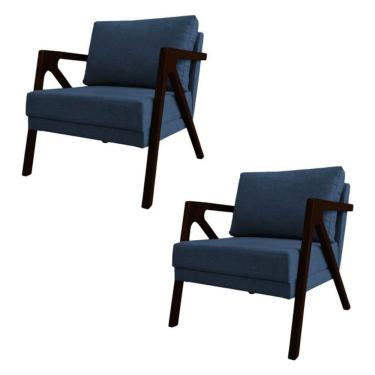 Imagem de Conjunto 2 Poltronas Sala De Estar Monique Madeira Castanho Azul Linho
