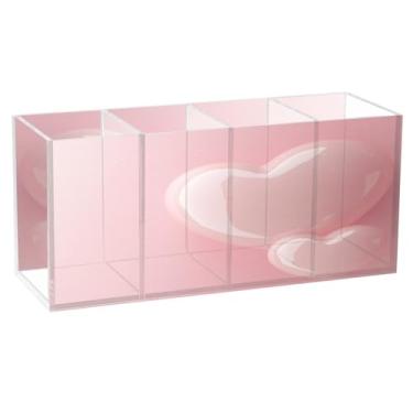 Imagem de Burbuja Porta-canetas de acrílico Valentine Pink Hearts com 4 compartimentos, suporte de lápis transparente para pincéis de maquiagem, acessórios de mesa de escritório em casa