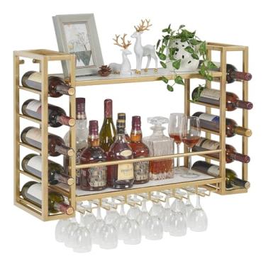 Imagem de Rack de vinho de metal dourado montado na parede, prateleira de bar flutuante de 2 níveis, exibição de garrafa de licor industrial com suporte de taça de vinho, solução de armazenamento de vinho que