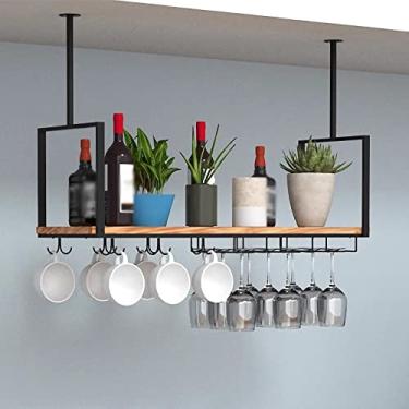 Imagem de Rack de vinho suspenso com suporte de vidro e prateleira, prateleiras de madeira de camada única prateleira de exibição de decoração, suporte de garrafa de vinho pendurado no teto industrial, para bar