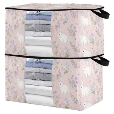 Imagem de Burbuja Bolsa de armazenamento de roupas de coelho com tampas e alça, embalagem com 2 recipientes de armazenamento de cobertor dobrável com zíper resistente e janela transparente para armário de
