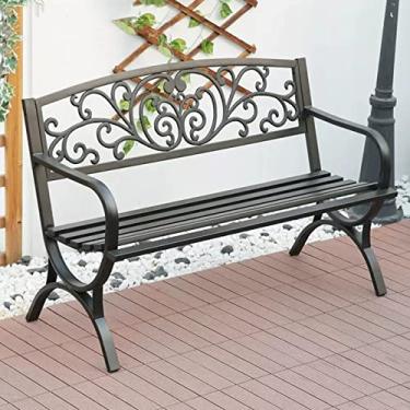 Imagem de Banco de jardim ao ar livre, banco de parque de metal banco de cadeira de varanda com encosto e apoio de braço de design floral, móveis de namoradeira antiferrugem à prova de intempéries para quintal