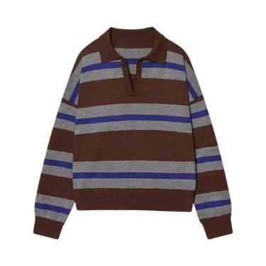Imagem de Suéter Feminino Vintage Listrado De Tricô Com Gola Polo E Manga Longa,