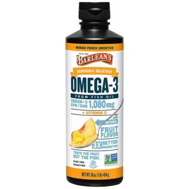 Imagem de Suplemento de óleo de peixe Barlean's Mango Peach Omega 3 500 ml com vitamina D-Unissex