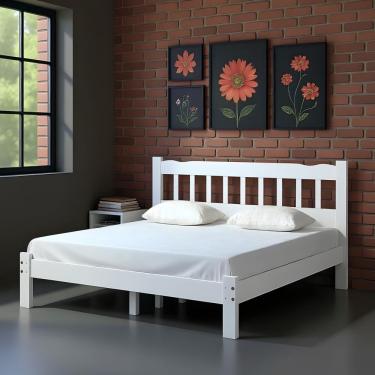 Imagem de Cama de Casal King Size com Pés Reguláveis Madeira Maciça Branco Pérola Estrutura Reforçada Repleta Comercial