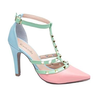 Imagem de Sapato Scarpin Feminino Rosa Azul Verde Com Pérolas Salto Alto Confortável - 65054D Cor:Rosa;Tamanho:37;Gênero:Feminino